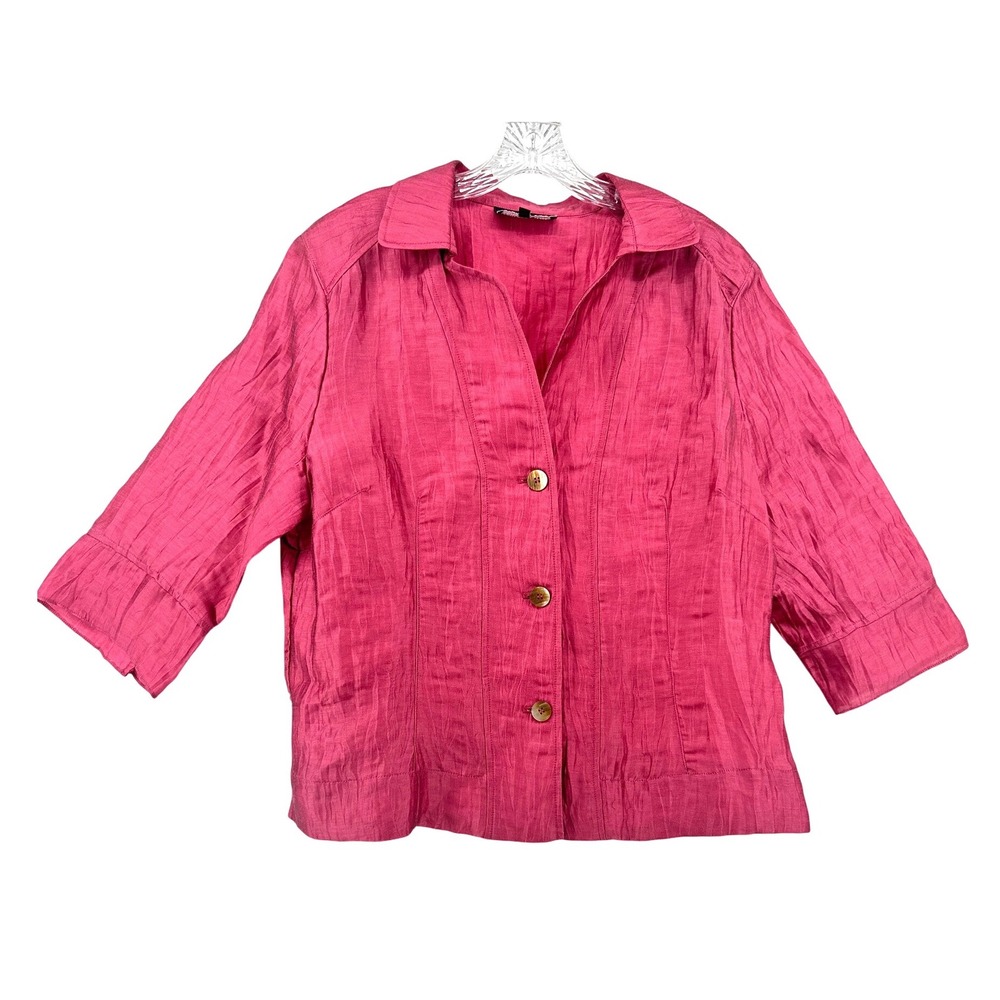 Jones New York Collection Raspberry Pink Crinkle Button Front Blouse Top Size 16